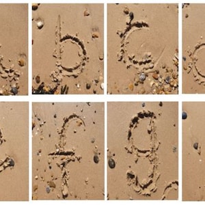 Tarjetas de reconocimiento de letras en la arena - fonética - escritura de letras - letras de playa - tarjetas del alfabeto