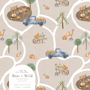 May include: A seamless pattern featuring a watercolor illustration of a blue pickup truck filled with pumpkins, a wheelbarrow with pumpkins, a shovel, and trees on a beige background. The text "Farm Fresh Pumpkins" is on the side of the truck. The pattern is perfect for fall-themed crafts and projects.
