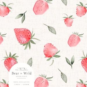 May include: Watercolor pattern featuring bright red strawberries with green leaves scattered across a cream-colored linen background. The strawberries have a textured appearance, and the design is non-exclusive. The text "Bear & Wild Design Studio" is visible.