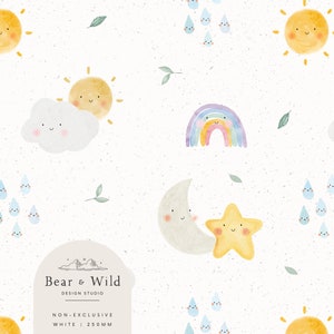 May include: A seamless pattern featuring watercolour illustrations of a sun, moon, stars, clouds, raindrops, rainbows, and leaves on a white background. The pattern is perfect for fabric, wallpaper, or other creative projects.