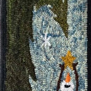 May include: A hand-stitched rug depicting a snowman standing in a snowy forest. The snowman is wearing a red scarf and a black hat. The forest is made of green and blue yarn.