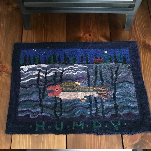 Hooked Rug – “Humpy” (2006) is my original design and hooked by me a primitive hooking style.