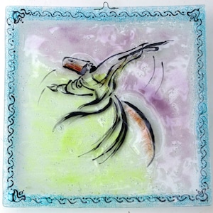 May include: Square glass art piece featuring a whirling dervish figure in black ink with a red hat and tan skirt. The background has a gradient of green, purple, and white. The artwork is framed with a light blue border.