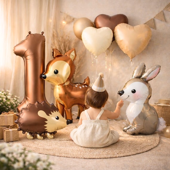Luftballon Set Waldtiere | Ballon Kindergeburtstag 1–13 Jahre | Igel Reh Hase | Geburtstag Deko braun beige | Folienlufballon
