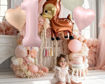 1. Geburtstag Deko Mädchen Reh | Boho Waldtiere Party Set | Rosa Beige Ballon Deko | Rehkitz Baby Geburtstag | Natur Deko 1 Jahr Luftballons