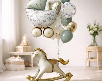 Baby shower balloon set, 12 pieces – sage green & beige boho balloons with stroller and rocking horse, neutral baby shower decorations