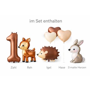 Folienlufballon Set Waldtiere 7-teilig Zahl Reh Igel Hase 3 Herzballons