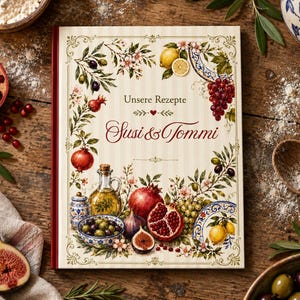 Könnte beinhalten: Ein Rezeptbuch mit festem Einband und cremefarbenem Cover mit vertikalem Streifenmuster. Das Cover zeigt den Text "Unsere Rezepte" und "Susi & Tommi", umgeben von Illustrationen aus Granatäpfeln, Weintrauben, Zitronen und Olivenöl.