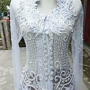 White Sequin Lace Kebaya Wedding Dress - Tulle Bridal Kebaya