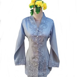 Silver Ribbon Embroidery Kebaya - Modern Cotton Long Sleeve Top