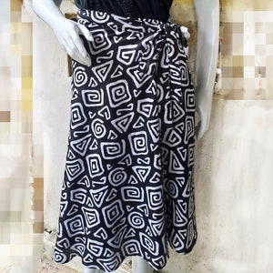 Black Geometric Wrap Skirt: Cotton Rayon Midi Skirt