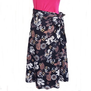 Floral Cotton Wrap Skirt: Black Midi Summer Skirt