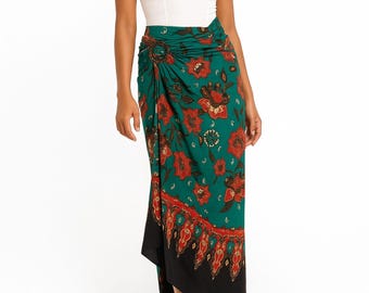 Teal Batik Wrap Skirt: Red Floral Sarong with Buckle