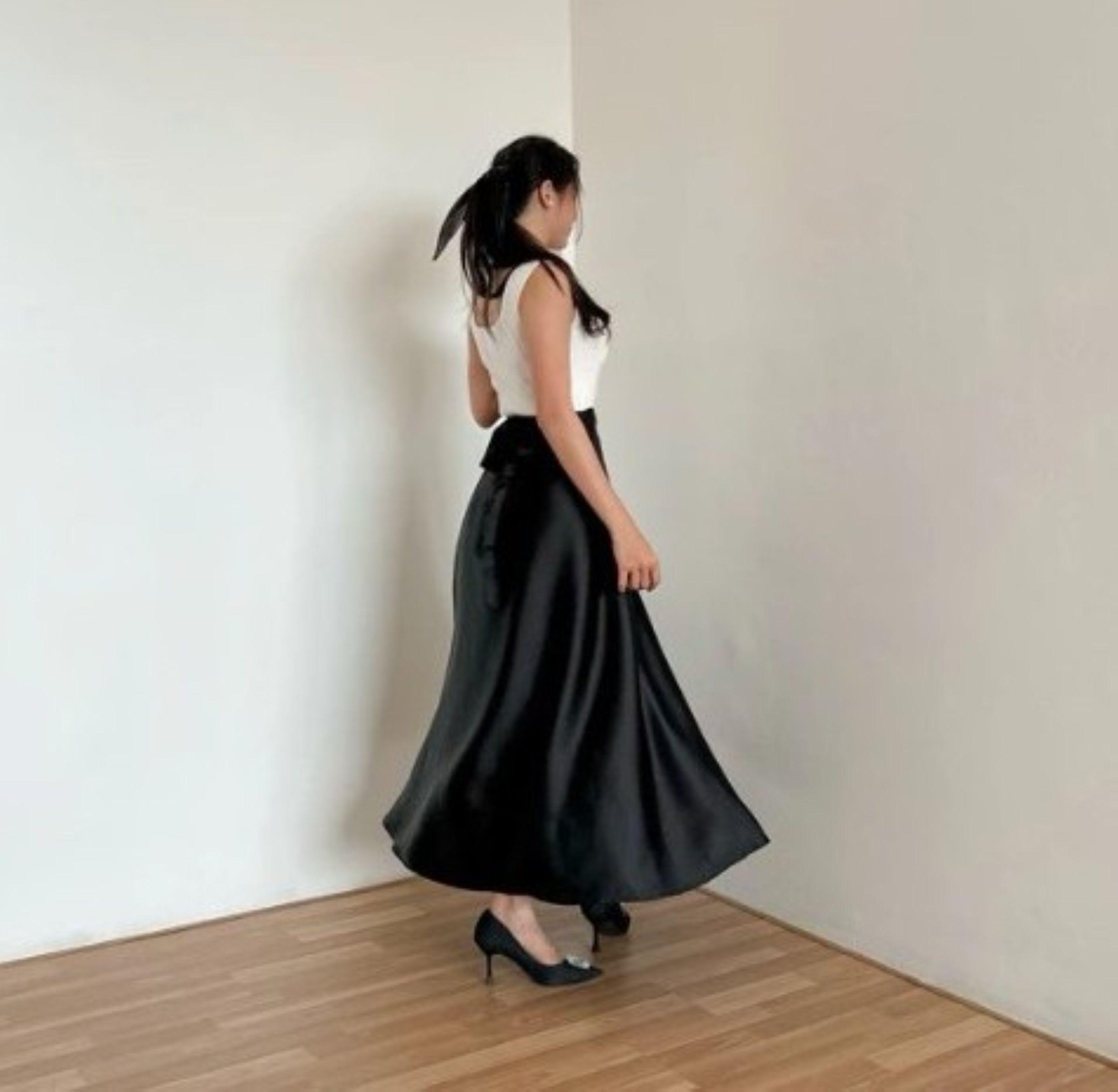Black Satin Silk Wrap Skirt– One Size Elegant Long Skirt 