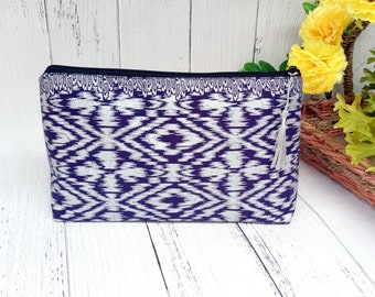 Ethnic Cosmetic bag purple, Large  make up bag , ethnic zippered pouch, ikat cosmetic bag,  cotton, mother's day gift