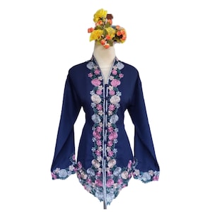 Navy Kebaya Top: Embroidered Cotton Blouse