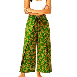Batik Wrap Pants: Green Ombre Cotton-Rayon Blend, Adjustable Fit
