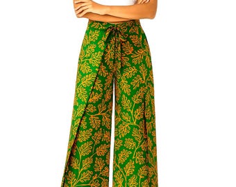 Batik Wrap Pants: Green Ombre Cotton-Rayon Blend, Adjustable Fit