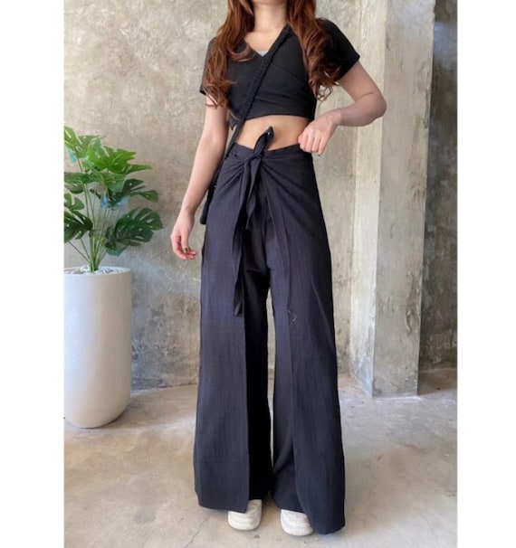 Black Linen Wrap Palazzo Pants: Handmade Natural Fiber Summer Trousers