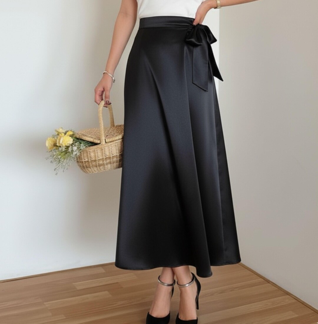 Black Satin Silk Wrap Skirt– One Size Elegant Long Skirt