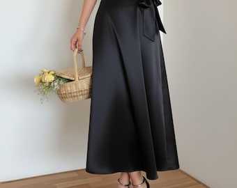 Black Satin Silk Wrap Skirt– One Size Elegant Long Skirt, Adjustable Tie Waist