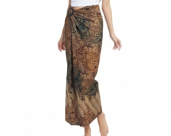 Brown Gold Silk Batik Wrap Skirt-  Bali Skirt- beach Coverup