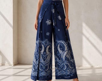 Silk Wrap Pants – Navy Bali Batik Trousers
