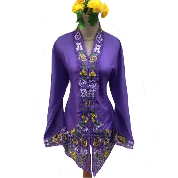 Silk Cotton Kebaya Nyonya: Purple Floral Embroidery
