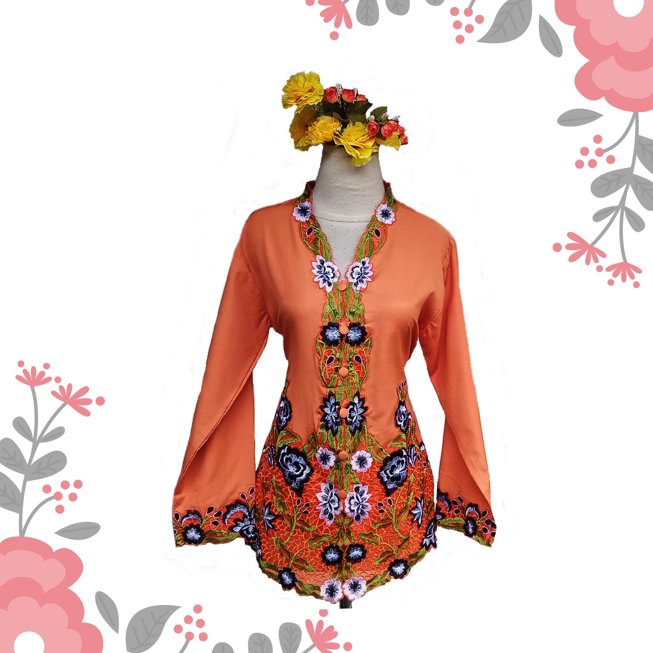 Orange Cotton Kebaya Nyonya with Embroidery Ribbon