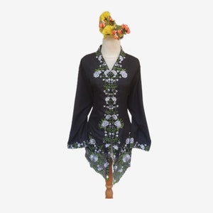 Black Cotton Kebaya Top: Floral Embroidery, Plus Size 4L-5L