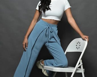 Linen Wrap Pants – Natural  Ramie Linen Comfy, Beach-Ready, Blue , navy