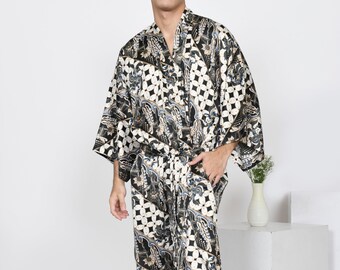 Men's Silk Kimono Robe - Bali Batik, Loungewear Wrap