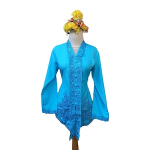 Blue Cotton Kebaya Top: Embroidered Ribbon Detail