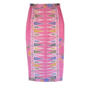 May include: A pink skirt with a floral and geometric pattern. The skirt features a repeating design of triangles in various colors, including blue, yellow, and green. Floral accents are scattered throughout the design. The skirt is made of a lightweight fabric.