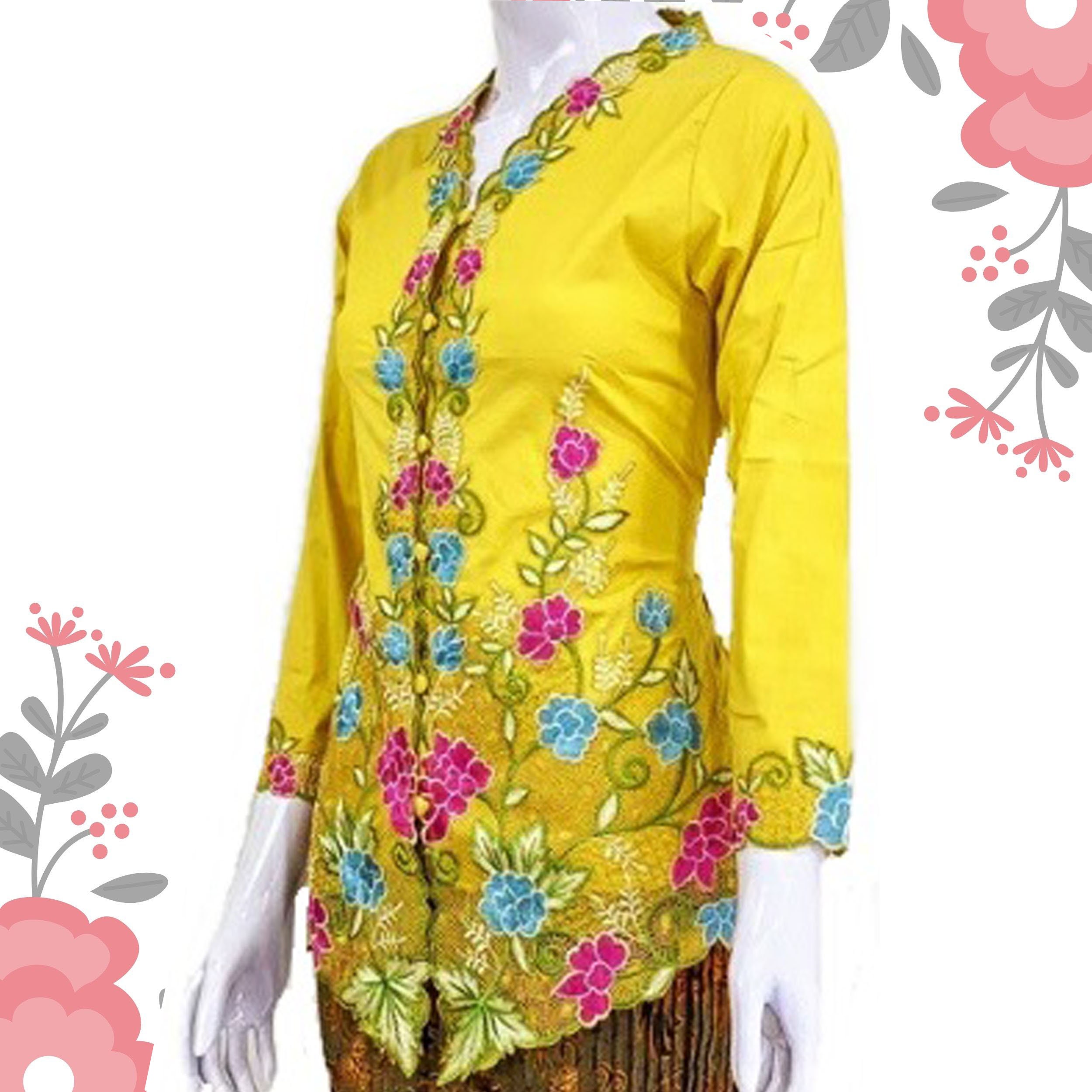 Kebaya Embroidery Yellow Kebaya Cotton Kebaya Nyonya - Etsy