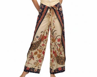 Beige Batik Wrap Pants – Cotton Summer Trousers