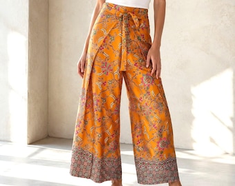Silk Blend Wrap Pants – Gold  Batik Bali Trousers