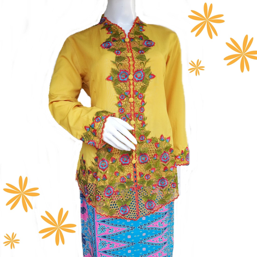 Yellow Kebaya Dress, Kebaya Golden, Kebaya Nyonya, Cotton Kebaya, Size ...