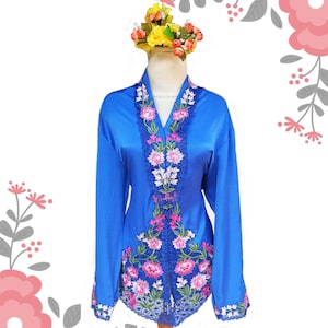 Blue Satin Kebaya: Floral Embroidery, Size 3L