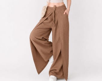 Linen Wrap Pants:   brown palette -High-Rise Wide Leg