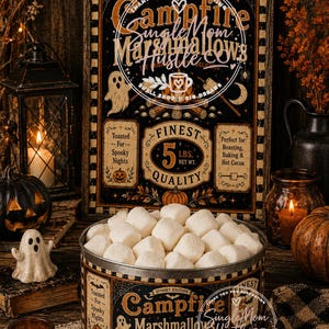 Halloween Campfire Marshmallow Label & Matching Sign | Vintage Printable Tin Wrap | Spooky Kitchen Decor | Digital Download