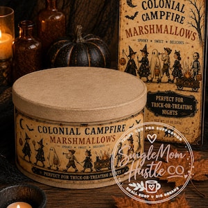 May include: A round cardboard container and a rectangular sign labeled Colonial Campfire Marshmallows. Both feature vintage-style illustrations of children in Halloween costumes, a ghost, and a skeleton. The text reads Spooky, Sweet, Delicious.
