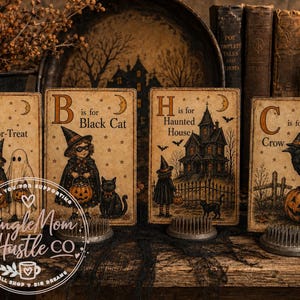 May include: Four rectangular cards with vintage-style Halloween illustrations and text. The cards feature the letters T, B, H, and C, accompanied by images of children in costumes, a black cat, a haunted house, and a crow perched on a pumpkin.