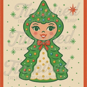 May include: Retro hot cocoa packaging featuring a Christmas tree-shaped figure. The figure is green with colourful baubles and a red bow. The words "HOT COCOA" are at the top, and the net weight is 170 grams (or over).