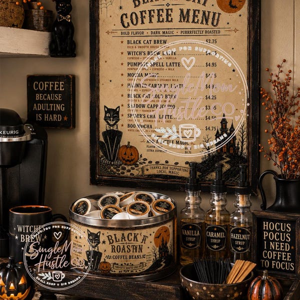 Black Cat Coffee Bar Bundle | Halloween Coffee Menu Sign & Coffee Tin Label | Vintage Printable Kitchen Decor | Digital Download