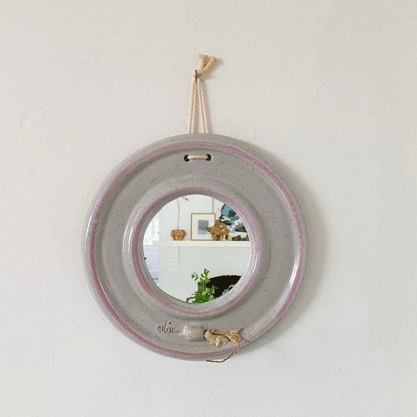 Adia Vintage pottery wall hanging mirror, pink and gray round ceramic mirror