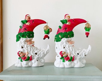 Luna creciente navideña, Papá Noel con luces, hecha de cerámica, figuras navideñas de mesa con luz nocturna