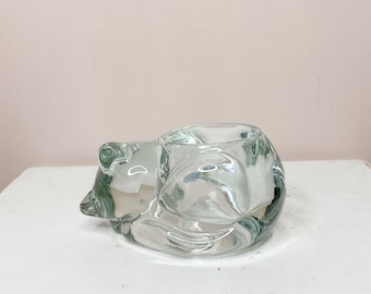 Ancien bougeoir votif transparent chat dormeur en verre Indiana