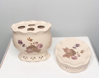 Ceramic soap dish, floral toothbrush holder, shabby chic bathroom