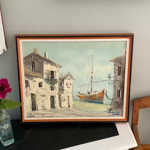 Pintura al óleo original firmada de un velero a la orilla, pintura al óleo enmarcada costera